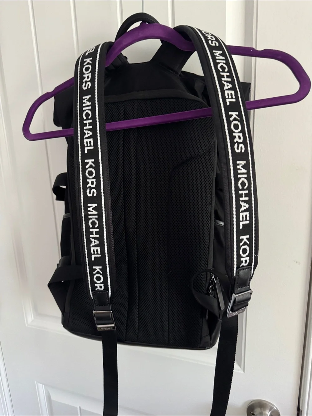 Michael Kors Black Roll-Top Nylon Backpack with Leather Trim
